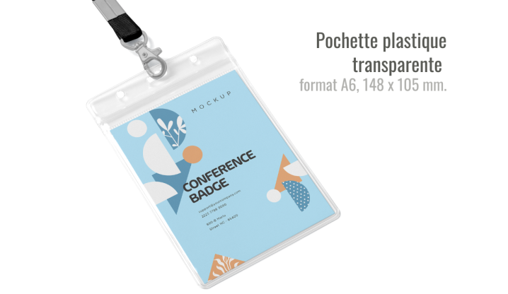 Pochette badge tour de cou plastique PVC format carte de visite, A6, A5